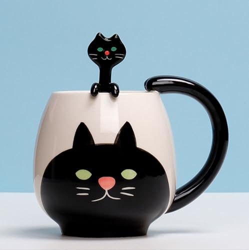 Katzen Tasse mit LöFfel Katzen Becher Tasse mit Katze für Geschenk Kaffee Tassen (Schwarze Katze) von Xfeyaqlo