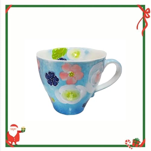 Tasse Blume 300ml, Tasse mit Blumenmotiv Handbemalt, Bemalte Glasur Becher Blumen, Tee Becher Keramik, Frisch und Rustikal Kaffeebecher (Blau) von Xfeyaqlo