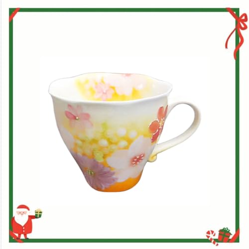 Tasse Blume 300ml, Tasse mit Blumenmotiv Handbemalt, Bemalte Glasur Becher Blumen, Tee Becher Keramik, Frisch und Rustikal Kaffeebecher (Gelb) von Xfeyaqlo