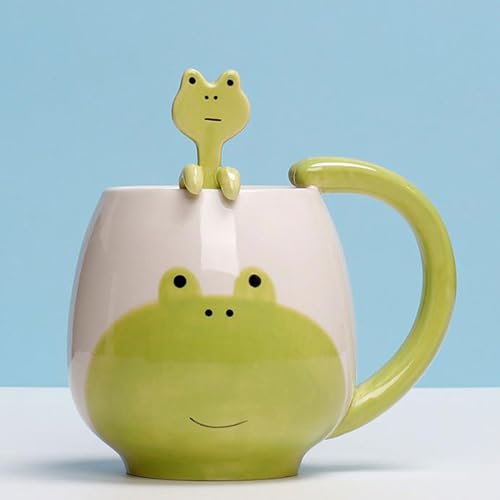 Tasse Frosch Frühstückstasse, Becher mit Frosch Lustige Tassen, Teetassen Geschenk Niedlich Tasse mit Löffel für Tee, Kaffee, Milch, 400ml, Keramik von Xfeyaqlo