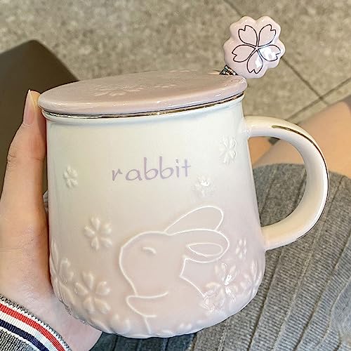 Tasse Hasen 420ml, Hasen Becher Geburtstag, Kaninchen Tasse Süß Becher Kirschblüte, Keramik Tassen mit Löffel und Deckel, Kaffeetasse Teetasse, Eine Schöne Geschenkwahl (Lila) von Xfeyaqlo