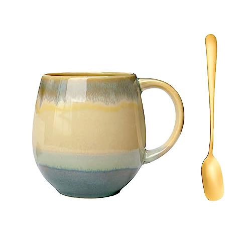 Tasse Steingut 500ml, Tasse Keramik Vintage, Big Belly Tasse, Becher Kaffee Steingut, Spüren Sie die Aufregung des Lebens (Blau-Gelb) von Xfeyaqlo