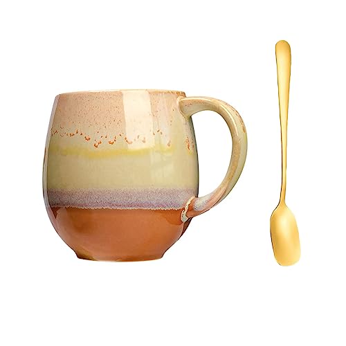 Tasse Steingut 500ml, Tasse Keramik Vintage, Big Belly Tasse, Becher Kaffee Steingut, Spüren Sie die Aufregung des Lebens (Gelb-Braun) von Xfeyaqlo