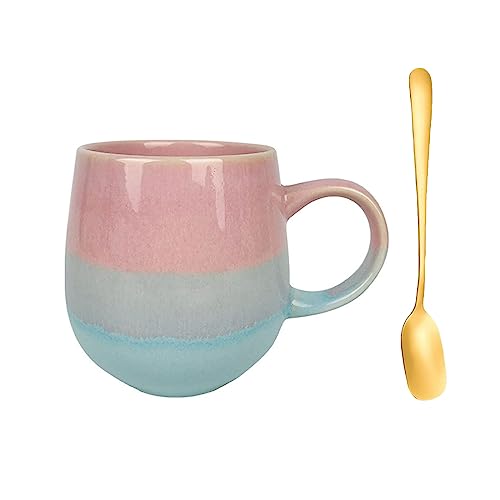 Tasse Steingut 500ml, Tasse Keramik Vintage, Big Belly Tasse, Becher Kaffee Steingut, Spüren Sie die Aufregung des Lebens (Rosa-Blau) von Xfeyaqlo