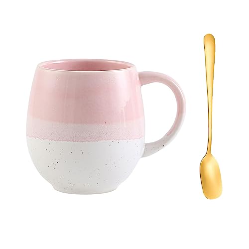 Tasse Steingut 500ml, Tasse Keramik Vintage, Big Belly Tasse, Becher Kaffee Steingut, Spüren Sie die Aufregung des Lebens (Rosa-Weiß) von Xfeyaqlo