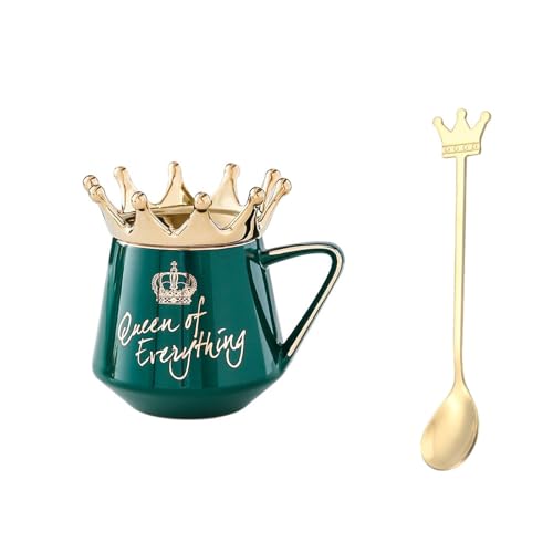 Tasse mit Krone 300ml Kaffeetasse Keramik Schöne Tassen Teetasse mit Deckel und Löffel, Ausgefallene Geschenke für Frauen, Schöne Tassen Sind Ein Tolles Geschenk (Smaragdgrün) von Xfeyaqlo