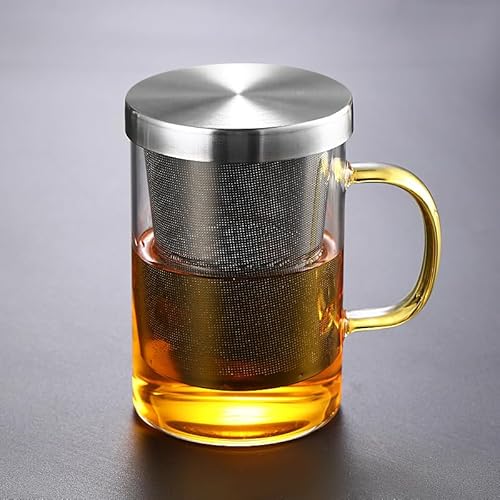 Teetasse Glas 450ml Teeglas mit Sieb und Deckel, Tee Tasse, Filter aus Rostfreiem Stahl, Ein Gutes Teegefäß, Mehr Genuss Beim Teetrinken (Gelber Griff) von Xfeyaqlo