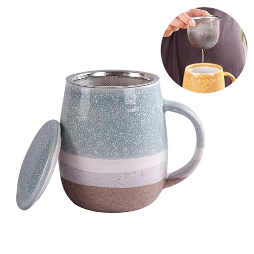 Teetasse mit Deckel und Sieb, Schöne Tasse Steingut Kaffeebecher Keramik Tasse, Kaffeetasse, 400ml, Geeignet für Den Täglichen Gebrauch (Blau) von Xfeyaqlo