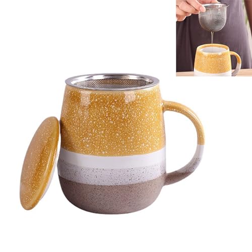 Teetasse mit Deckel und Sieb, Schöne Tasse Steingut Kaffeebecher Keramik Tasse, Kaffeetasse, 400ml, Geeignet für Den Täglichen Gebrauch (Gelb) von Xfeyaqlo
