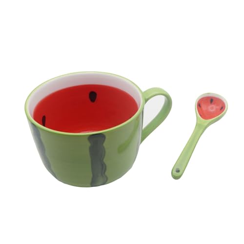 Wassermelonen Tasse 450ml, Kaffeetasse Obst Keramik, Müslibecher mit Löffel, Schönes Fruchtmuster Müslischalen Suppentassen Suppenschalen von Xfeyaqlo