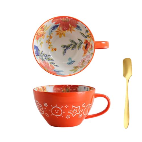 Xfeyaqlo 500ml Frühstück Bowl Schüssel, Frühstückstassen Groß, Kaffeetasse Keramik (Orange Blüten) von Xfeyaqlo