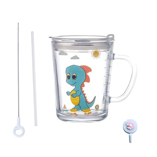 Xfeyaqlo Glas Milchbecher mit Messbecher, Milchglas Kinder mit Silikonstroh, Messbecher mit Deckel, hitzebeständig für Milchsaft Eistee Kaffee für Mikrowelle, 400ml (Dinosaurier) von Xfeyaqlo