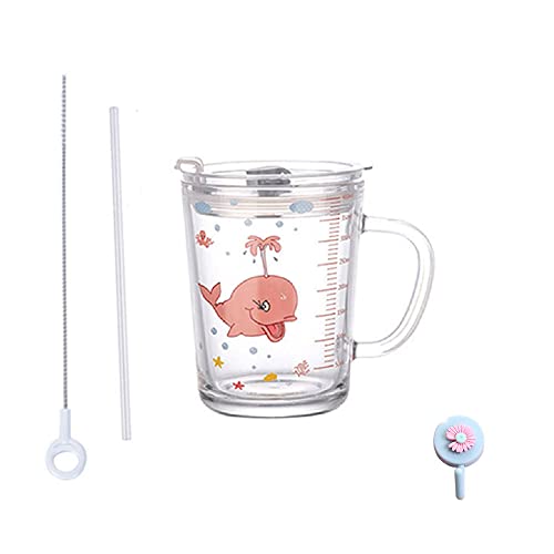 Xfeyaqlo Glas Milchbecher mit Messbecher, Milchglas Kinder mit Silikonstroh, Messbecher mit Deckel, hitzebeständig für Milchsaft Eistee Kaffee für Mikrowelle, 400ml (Fisch) von Xfeyaqlo