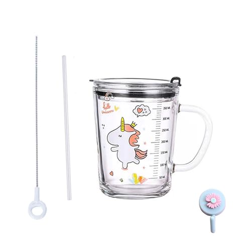 Xfeyaqlo Glas Milchbecher mit Messbecher, Milchglas Kinder mit Silikonstroh, Messbecher mit Deckel, hitzebeständig für Milchsaft Eistee Kaffee für Mikrowelle, 400ml (Pferd) von Xfeyaqlo