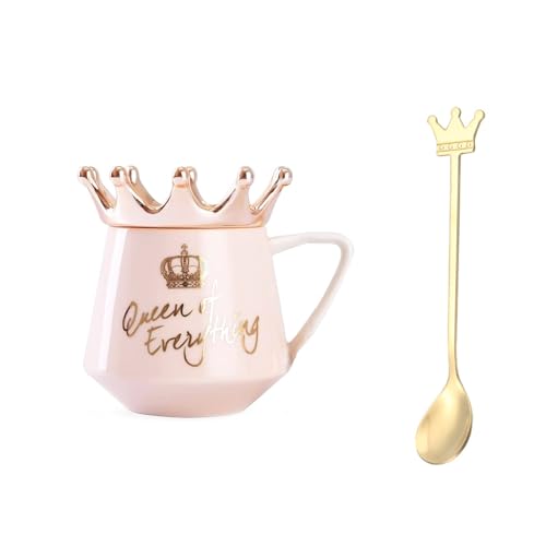 Kaffeetasse Krone Tasse Krone Becher Krone Lustige Geschenk mit Löffel mit Krone Deckel, Voller Queen-Haltung, Rosa, 300ml von Xfeyaqlo