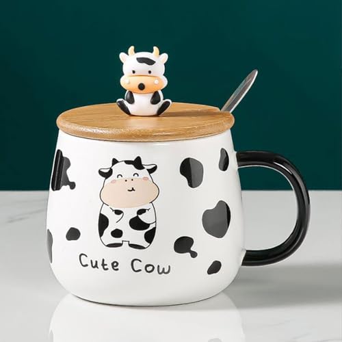 Xfeyaqlo Kuh Becher Tasse Kuh kaffeetasse Kuhmotiv Teetasse Kuh mit Löffel & Deckel Lustige Cute Geschenk für Freund 400 ml, 1Stk (A) von Xfeyaqlo