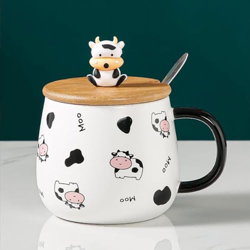 Xfeyaqlo Kuh Becher Tasse Kuh kaffeetasse Kuhmotiv Teetasse Kuh mit Löffel & Deckel Lustige Cute Geschenk für Freund 400 ml, 1Stk (B) von Xfeyaqlo