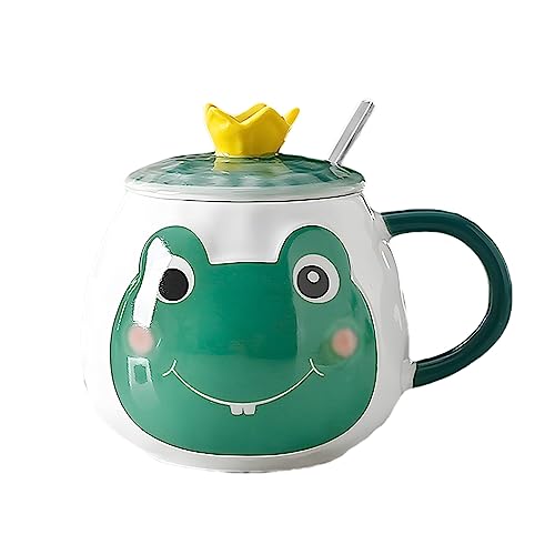 Xfeyaqlo Tasse Froschmotiv, Becher Frosch, Kaffeetasse mit Deckel und Löffel, Schönes Frisches und Schlichtes Froschdesign mit Kronendeckel, Keramik, 400ml (Dunkelgrün) von Xfeyaqlo