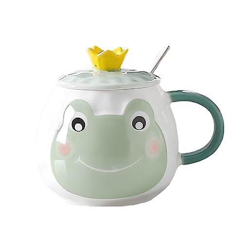 Xfeyaqlo Tasse Froschmotiv, Becher Frosch, Kaffeetasse mit Deckel und Löffel, Schönes Frisches und Schlichtes Froschdesign mit Kronendeckel, Keramik, 400ml (Hellgrün) von Xfeyaqlo