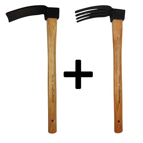Xforst Garten Werkzeugset aus Zwei Gartenhacken. Hacke mit geradem Blatt + Hacke mit 4 Zinken. Mit Griff aus Hickory-Holz und Kopf aus geschmiedetem Stahl, wärmebehandelt. von Xforst