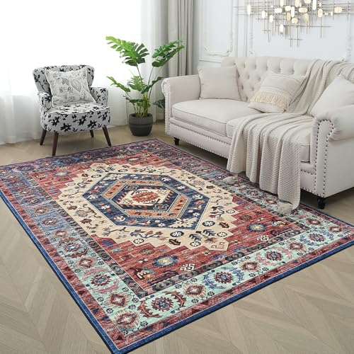 Xfrog Teppich Wohnzimmer Waschbare Teppiche Gegend Kurzflor Vintage Teppich Schlafzimmer Rot 160x230CM von Xfrog