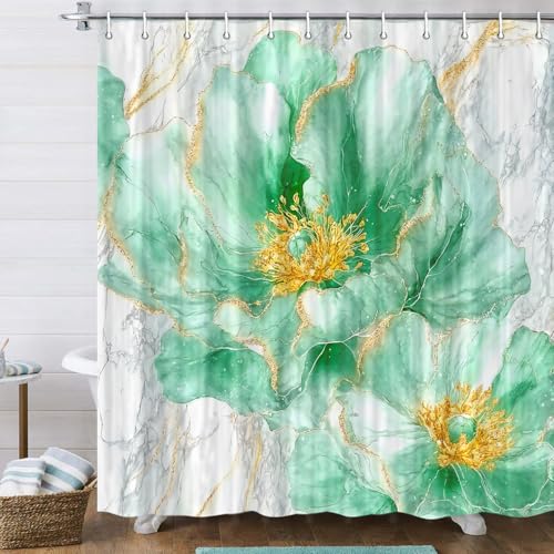 Duschvorhang mit Marmor-Blumenmuster, abstrakte Textur, Blumenstoff, moderne luxuriöse ästhetische Tinte, Kunst, Dekor, wasserdicht, Polyester, Badezimmer-Vorhang mit 12 Haken, 183 x 183 cm, Grün und Duschvorhang mit Marmor-Blumenmuster, abstrakte Textur, Blumenstoff, moderne luxuriöse ästhetische Tinte, Kunst, Dekor, wasserdicht, Polyester, Badezimmer-Vorhang mit 12 Haken, 183 x 183 cm, Grün und von Xguatan