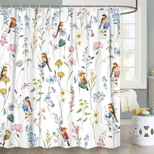 Duschvorhang mit buntem Blumenmuster, niedliche Aquarell-Vögel, Schmetterling, Blumendesign, von der Natur inspirierter Garten, wasserdichter Polyesterstoff, Badezimmer-Vorhang Dekor mit 12 Haken, 183 Duschvorhang mit buntem Blumenmuster, niedliche Aquarell-Vögel, Schmetterling, Blumendesign, von der Natur inspirierter Garten, wasserdichter Polyesterstoff, Badezimmer-Vorhang Dekor mit 12 Haken, 183 von Xguatan