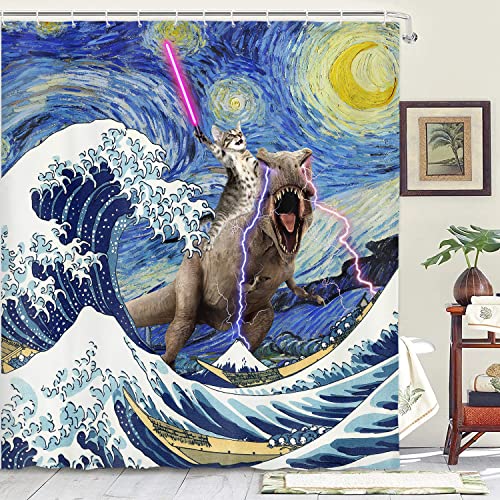 Xguatan Lustiger Katzen-Duschvorhang, Coole Dinosaurier-Katze im japanischen Kanagawa-Wellen, Duschvorhang für Badezimmer, Blauer Ozean-Stoff, lustiges Anime-Duschvorhang-Set mit 12 Haken, 178x178 cm Xguatan Lustiger Katzen-Duschvorhang, Coole Dinosaurier-Katze im japanischen Kanagawa-Wellen, Duschvorhang für Badezimmer, Blauer Ozean-Stoff, lustiges Anime-Duschvorhang-Set mit 12 Haken, 178x178 cm von Xguatan