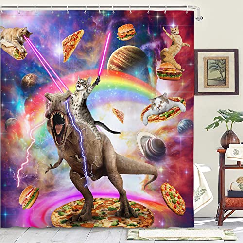Xguatan Lustiger Katzen-Duschvorhang - Coole Katze Reitend auf Dinosaurier in Fantasie-Galaxie-Weltraum - Niedlich, Witziges Außenuniversum für Badezimmer - 12 Haken, 178x178 cm von Xguatan