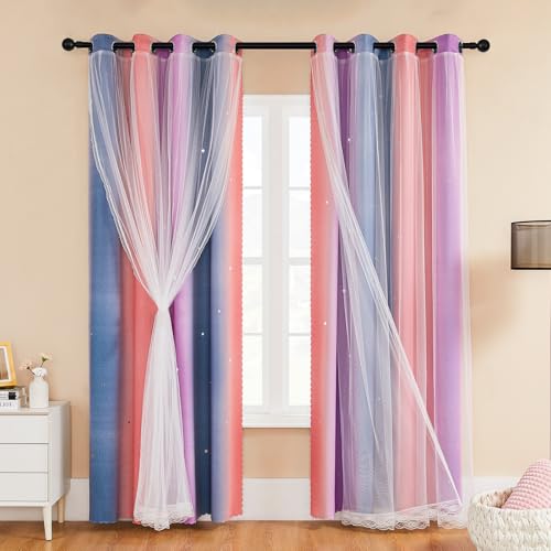 XiDi Kindervorhänge Höhe 214 cm mit Transparent für Fenster Halle Behandlungen Verdunkelung Bunte Vorhänge mit Sternausschnitt Geräuschreduzierung Dekoration von XiDi