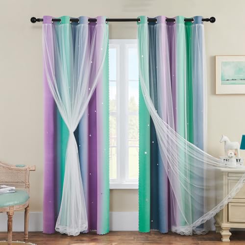 Verdunklungsvorhang für Schlafzimmer, doppellagig, 132 x 213 cm, aus Polyester, Sternen-Design mit Voile, Schiebetür für Erwachsene und Kinder (Lila/Grün/Grau) von XiDi