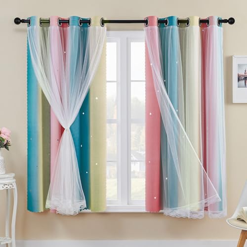 XiDi Regenbogen Vorhänge für Schlafzimmer, Dekoration ausgehöhlte Sterne Thermoisolierte Netzvorhänge mit Ringen für Kinder Mädchen Fensterbehandlung Schlafzimmer Pink YellowBlue/132/160/2 IT von XiDi