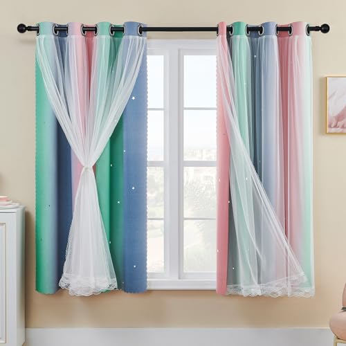 XiDi Regenbogen Vorhänge für Schlafzimmer, Dekoration ausgehöhlte Sterne Thermoisolierte Netzvorhänge mit Ringen für Kinder Mädchen Fensterbehandlung Schlafzimmer Pinkgreen Grey/132/160/2 IT von XiDi