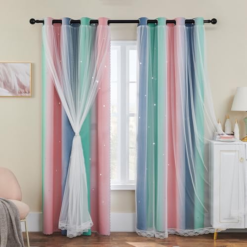XiDi Thermische Verdunkelungsvorhänge mit Öse Für Wohnzimmer Wanddekoration Regenbogen Vorhänge Rosa Doppelschicht Mit Netz 86×183Cm von XiDi