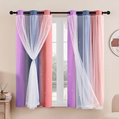 XiDi Verdunkelungsvorhänge – Sterne geschnittene Vorhänge für Schlafzimmer Kinderzimmer Mädchen Wohnzimmer Kinder Regenbogen Vorhänge mit Öse für Fenster H160 × B86cm, 2 Paneele von XiDi