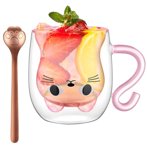 XiXiRan Doppelschicht Glas Tasse, Doppelwandige Isoliergläser Katze, Glas Doppelwandig Espresso, Süße Tassen Kaffeeteegläser, Katze Doppelwandige Glas(200ML) von XiXiRan