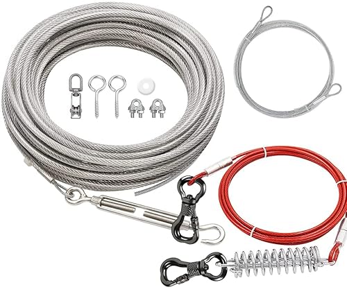 XiaZ Hundeleinenkabel, 15,2 m, Trolley-Läuferkabel für Hunde bis zu 90 kg, robuste Hundeleine für Hof, Camping, Outdoor, mit 3 m Seilzug, Laufleine mit Feder von XiaZ
