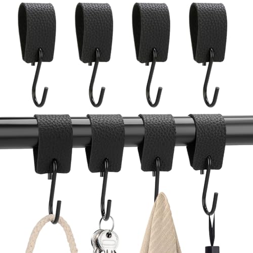 Xialvyu 8 Stück S Haken Mit Lederschlaufe, Schwarzer Edelstahl Haken Kleiderhaken, Haken Garderobenstange Kleiderhaken Leder für Garderobe Kleiderstange von Xialvyu