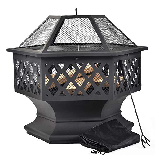 Feuerstelle mit Grillrost, Feuerschale mit Funkenschutz Fire Pit für BBQ, Heizung, Garten Terrasse Metall Feuerkorb 3 in 1 Feuerstelle im Freien (Hexagonal Feuerstelle von XiangHeWang