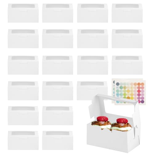 20 STK 2 Löcher Cupcake Boxen, Muffin TransportboxWeiße Cupcake Transportbox Karton mit Sichtfenster, Kuchen Transportbox Pappe für Bäckerei Keks Macarons Box Keksbox, mit 2 Bogen Aufklebern von XiangJunly