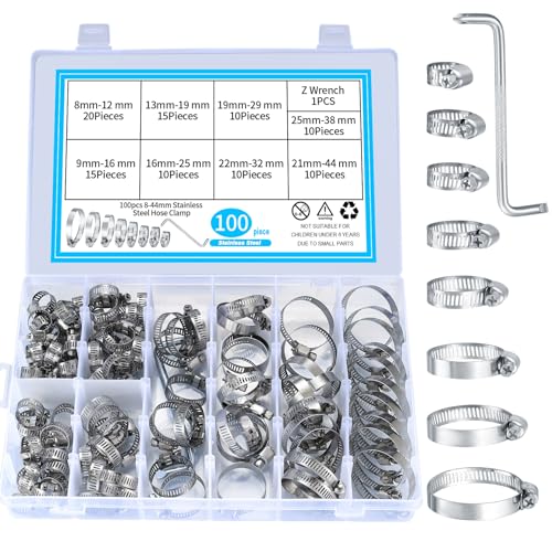 100 Stk. Schlauchschellen Einstellbare 8-44mm Reichweite, Edelstahl Rohrschellen sortiertes Kit, Wasserleitungen Schlauchschellen Clips mit Schraubendreher für Wasserleitung, Autoleitung, Gasleitung von Xiaomoyu