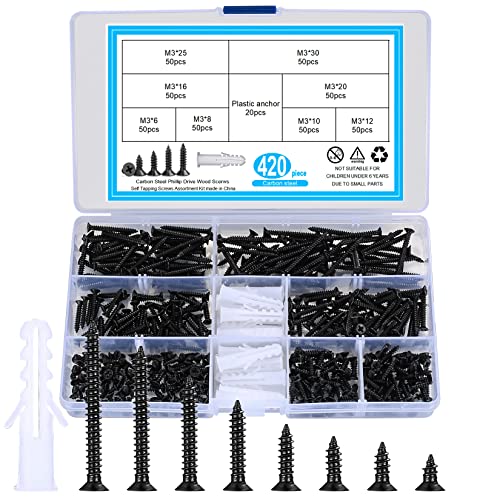 420 Stück M3 selbstschneidende Schrauben, Kohlenstoffstahl Holzschrauben, Schrauben Flachkopf, Kreuzschlitzschrauben mit 20 Stk M6 Schrauben Anker - Schwarz, 6mm/8mm/10mm/12mm/16mm/20mm/25mm/30mm von Xiaomoyu