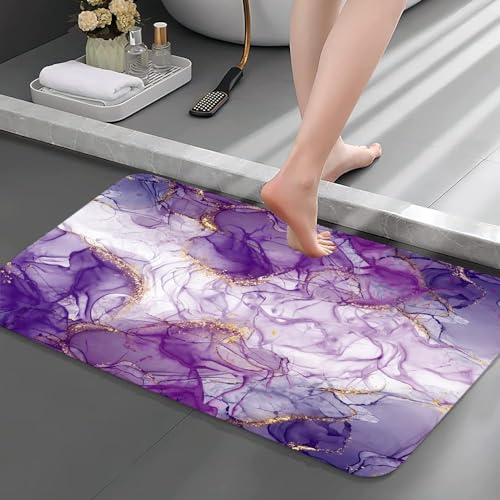 Xiaoput Badteppich, Violett,Gold mit Marmorstruktur, abstrakt, modern, luxuriös, rutschfest, Flanell-Badezimmerteppich, langlebig und weich, für Badezimmer, Schlafzimmer, Innenbereich, 43.2x73.3 cm von Xiaoput