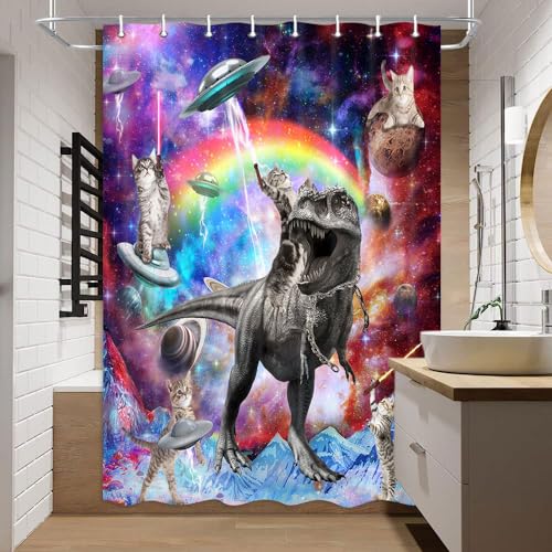 Xiaoput Kleiner Duschvorhang, 122 x 183 cm, schmaler lustiger Katzen-Duschvorhang, bunte Kinder-Duschvorhänge für Badezimmerzubehör, Weltraum-Stoff-Duschkabinen-Vorhang mit Haken von Xiaoput