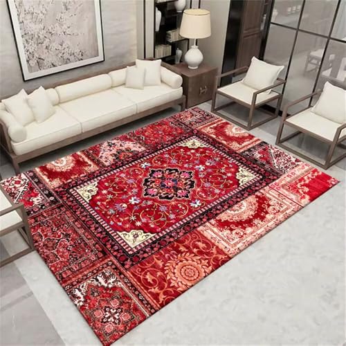 Xiaosua 100x200CM rot XXL Teppich Mehrfarbiger Retro-Blumenteppich Moderne Teppiche schlafzimmerteppich waschbarer schmutzfangmatte von Xiaosua