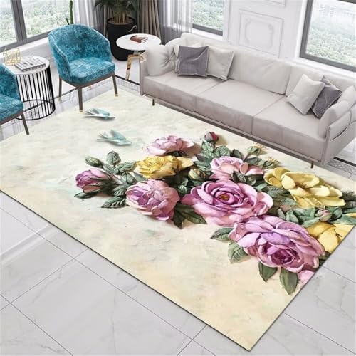 Xiaosua 200x200CM Grün esstisch Teppich Lila gelber Blumenteppich Arbeitszimmer Wohnzimmer waschbar in Waschmaschine Rug Carpet von Xiaosua