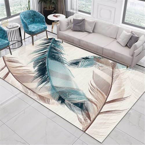 Xiaosua Bodenschutzmatte Bürostuhl Kinderteppich Mädchen 140x200CM fussmatte innen waschbar Sandfarbe Teppich mit blauem Federmuster maschinenwaschbar schreibtischstuhl Kurzflo von Xiaosua