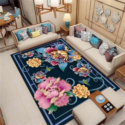 Xiaosua Designer Teppich Blau Teppich Wohnzimmer Blau Große Blumen Retro-Muster Teppiche Für Schlafzimmer Bettvorleger 50X80CM Teppich Wohnzimmerteppich von Xiaosua