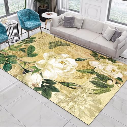 Xiaosua Gaming Teppich180x250CM Waschbare Teppiche Wohnzimmer Teppich vorzimmer Grüner weißer Blumenteppich Gelb eingangsbereich babyzimmer Junge gleitschutz von Xiaosua