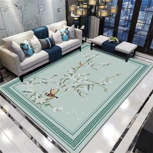 Xiaosua Spiele Teppich120x120CM Vorraum Teppich küchenteppich waschbar rutschfest Klassischer dekorativer Schlafzimmerteppich mit einfachem Blumen- und Vogelmuster Grün von Xiaosua